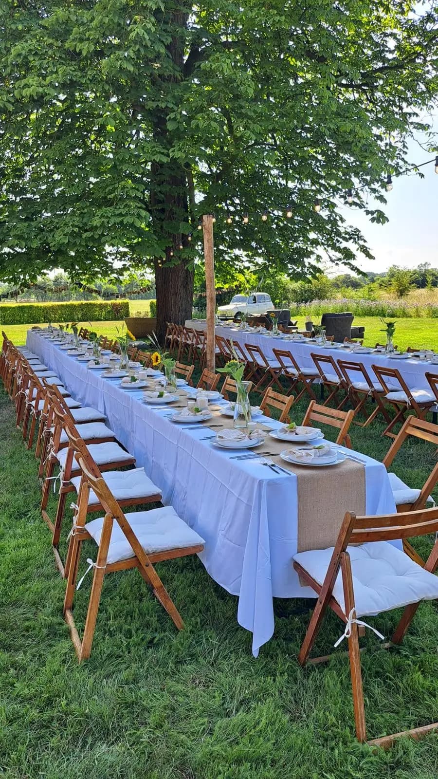 Lange gedekte tafel met wit tafellaken en houten klapstoelen onder een boom in een weiland